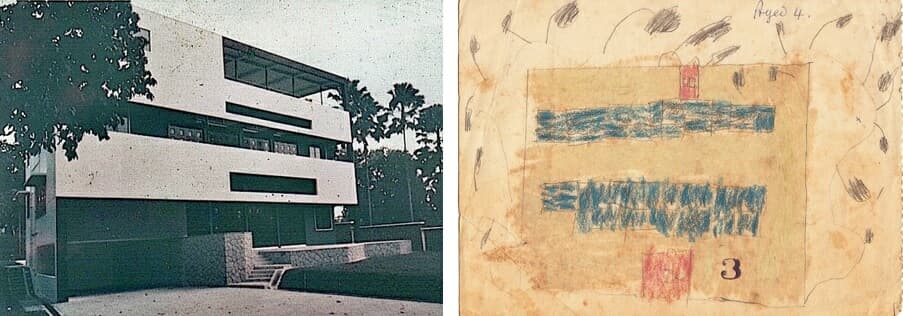 Tel père, tel fils : Maison de style corbuséen à Newton Road pour Ong Chi Ken, conçue par mon père en 1960 ; villa de style corbuséen, dessinée par moi-même (âgé de quatre ans), la même année.